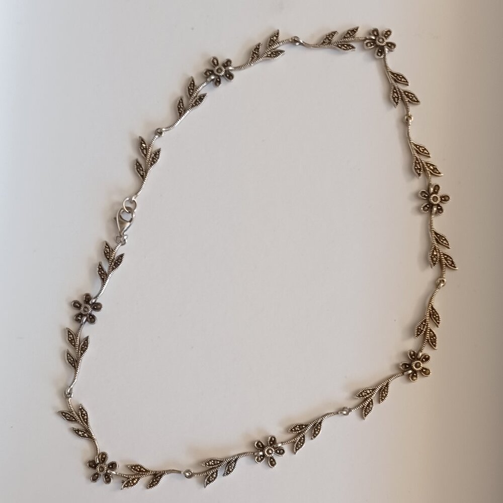 Sterling Silver Flower Marcasite  Necklace